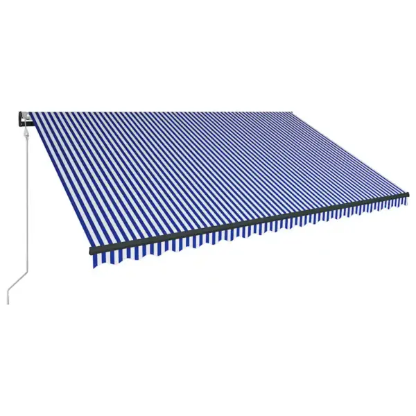 Käsitsi sissetõmmatav terrassivarikatus LED-valgustuse ja tuuleanduriga, 500 x 300 cm, sinine-valge kangas, hall alumiiniumraam - 3