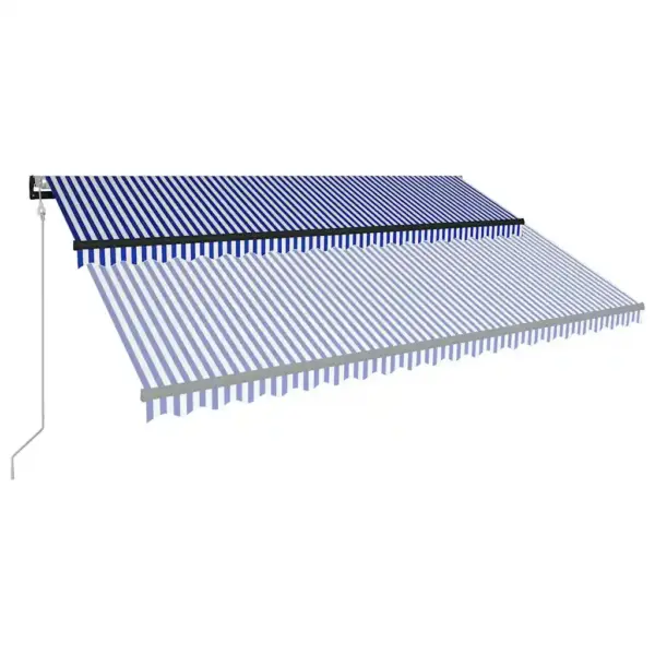 Käsitsi sissetõmmatav terrassivarikatus LED-valgustuse ja tuuleanduriga, 500 x 300 cm, sinine-valge kangas, hall alumiiniumraam - 4