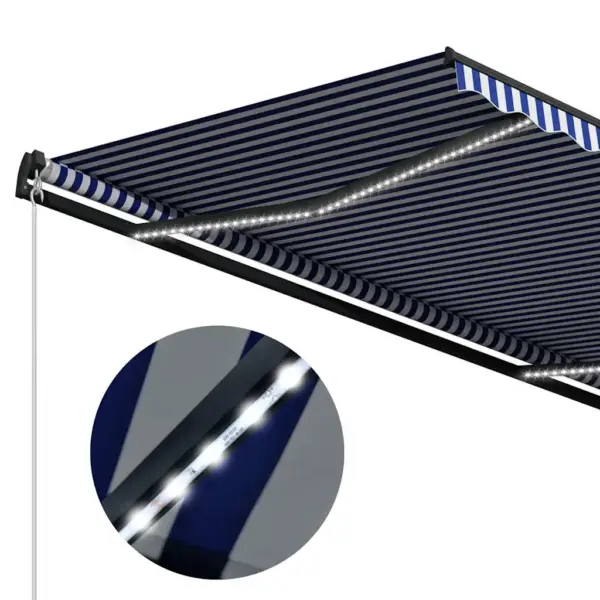 Käsitsi sissetõmmatav terrassivarikatus LED-valgustuse ja tuuleanduriga, 500 x 300 cm, sinine-valge kangas, hall alumiiniumraam - 6