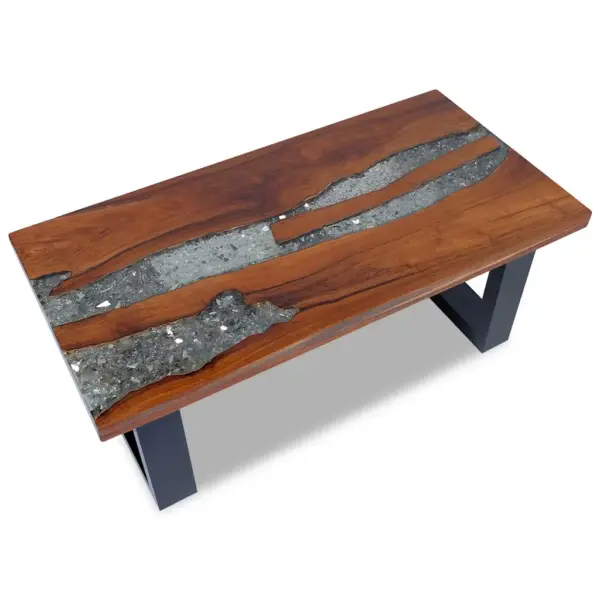Tiigipuidust ja vaiguga kohvilaud musta mangopuidust alusega, 100 x 50 x 40 cm – 2