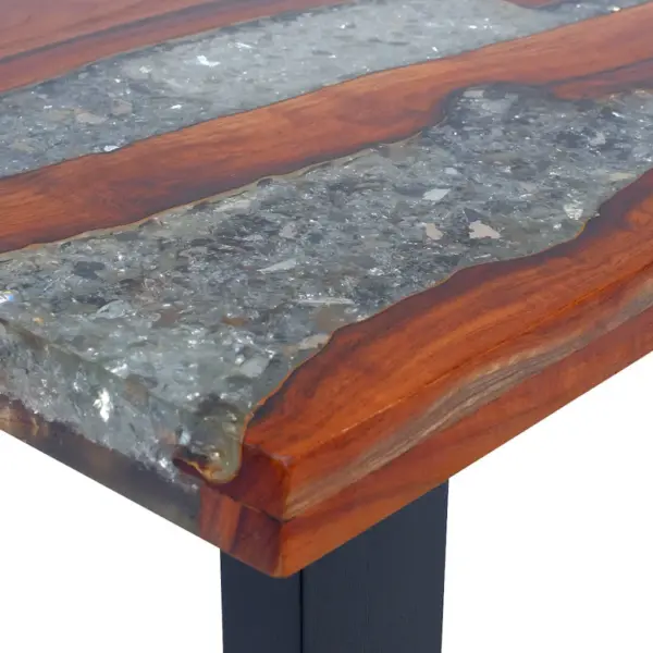 Tiigipuidust ja vaiguga kohvilaud musta mangopuidust alusega, 100 x 50 x 40 cm – 13
