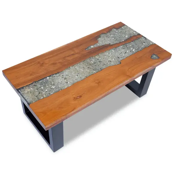Tiigipuidust ja vaiguga kohvilaud musta mangopuidust alusega, 100 x 50 x 40 cm – 4