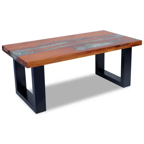 Tiigipuidust ja vaiguga kohvilaud musta mangopuidust alusega, 100 x 50 x 40 cm – 5