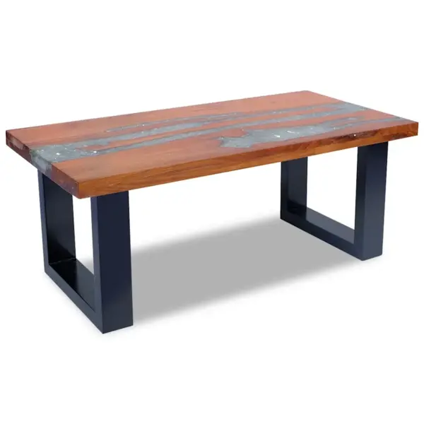 Tiigipuidust ja vaiguga kohvilaud musta mangopuidust alusega, 100 x 50 x 40 cm – 6