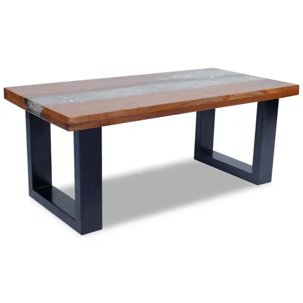Tiigipuidust ja vaiguga kohvilaud musta mangopuidust alusega, 100 x 50 x 40 cm – 7