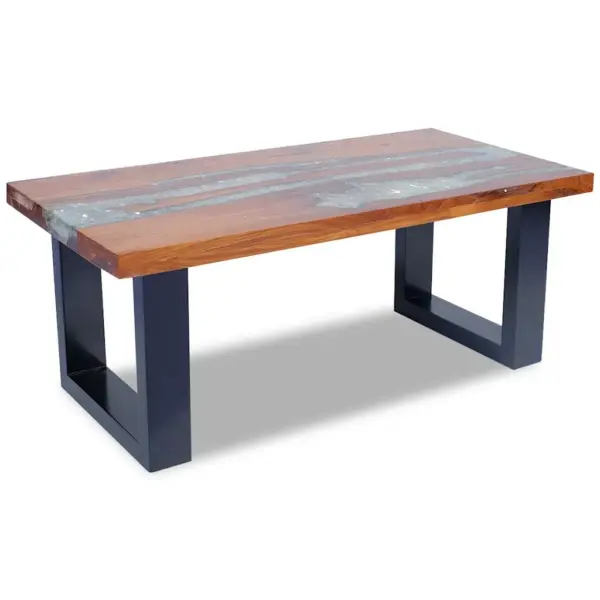 Tiigipuidust ja vaiguga kohvilaud musta mangopuidust alusega, 100 x 50 x 40 cm – 8