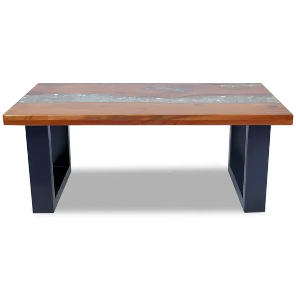 Tiigipuidust ja vaiguga kohvilaud musta mangopuidust alusega, 100 x 50 x 40 cm – 10