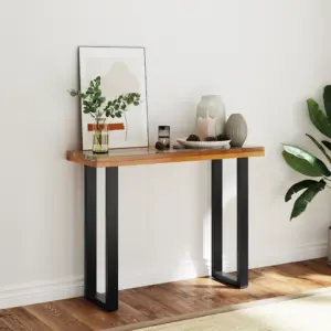 Industriaalstiilis konsoollaud tiigipuuplaadi ja mahagonijalgadega, 100 x 35 x 75 cm, pruun-must