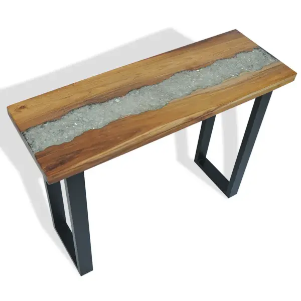 Industriaalstiilis konsoollaud tiigipuuplaadi ja mahagonijalgadega, 100 x 35 x 75 cm, pruun-must – 11