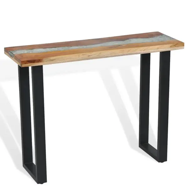 Industriaalstiilis konsoollaud tiigipuuplaadi ja mahagonijalgadega, 100 x 35 x 75 cm, pruun-must – 4