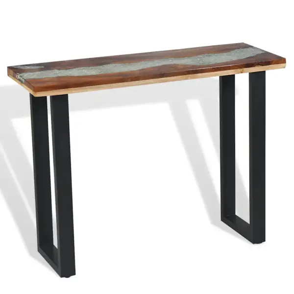 Industriaalstiilis konsoollaud tiigipuuplaadi ja mahagonijalgadega, 100 x 35 x 75 cm, pruun-must – 7