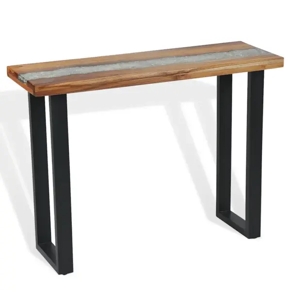 Industriaalstiilis konsoollaud tiigipuuplaadi ja mahagonijalgadega, 100 x 35 x 75 cm, pruun-must – 8