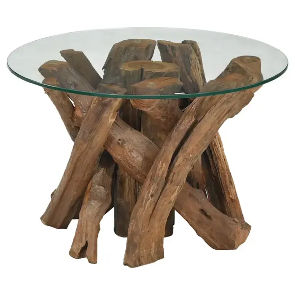 Ümmargune kohvilaud tiigipuidust alusega, klaasplaadiga, 60 cm – 2