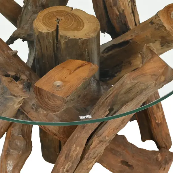 Ümmargune kohvilaud tiigipuidust alusega, klaasplaadiga, 60 cm – 4