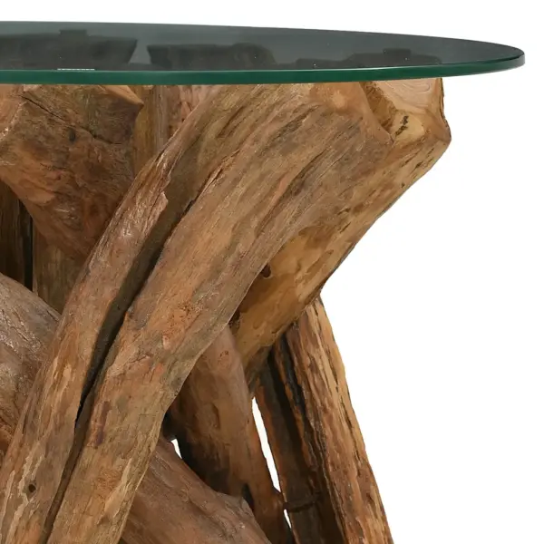 Ümmargune kohvilaud tiigipuidust alusega, klaasplaadiga, 60 cm – 5