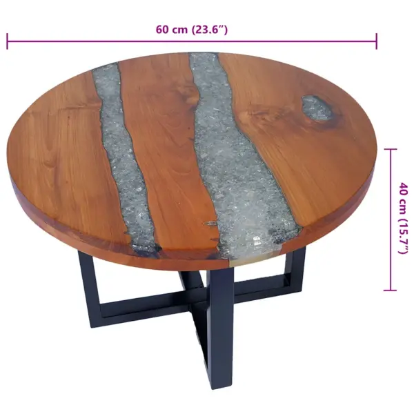 Ümmargune kohvilaud tiigipuidust ja vaiguga, 60 x 40 cm, must mangopuidust alus – 9
