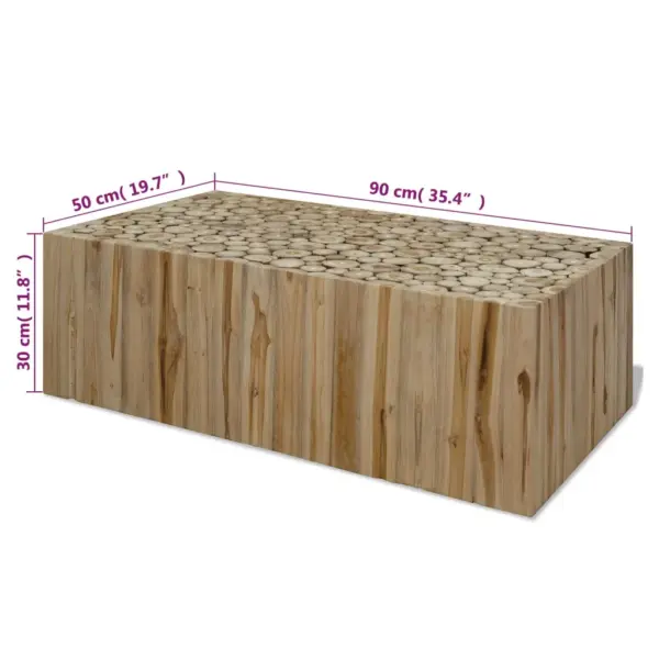 Käsitsi valmistatud tiigipuust kohvilaud palklõigete disainiga, 90 x 50 x 30 cm - 7