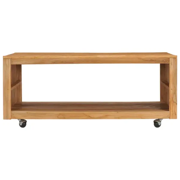 Ratastega tiigipuust kohvilaud riiuliga, 110 x 60 x 40 cm – 2