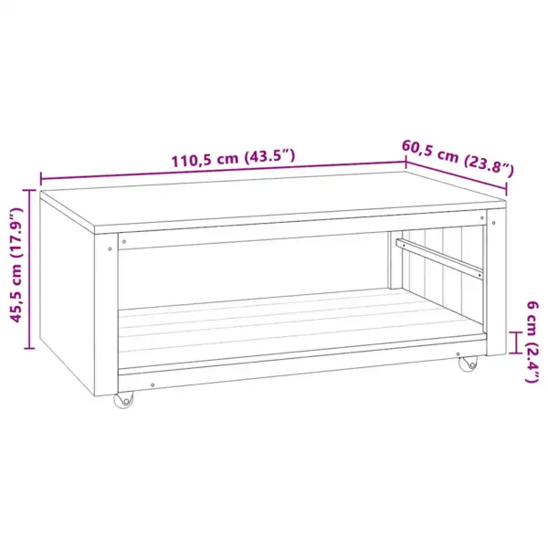 Ratastega tiigipuust kohvilaud riiuliga, 110 x 60 x 40 cm – 7
