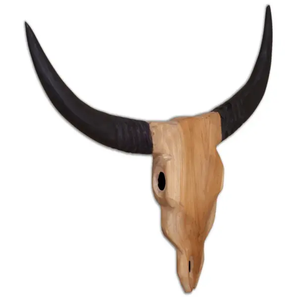 Seinale kinnitatav tiigipuust härjakolju skulptuur, pruun, 69 x 6 x 60 cm – 5