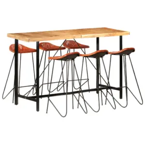 Tööstusliku stiiliga 7-osaline baarikomplekt, täispuidust laud ja ehtsast nahast baaritoolid, laud 150 x 70 x 107 cm