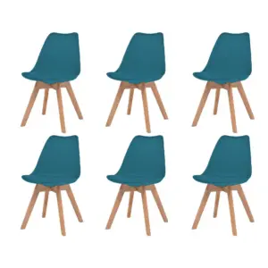 Türkiissinised söögitoolid kunstnahast padjaga, 6 tk, plastist istme ja pöök- ning kautšukipuidust jalgadega, 48 x 53 x 83 cm