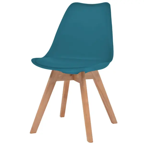 Türkiissinised söögitoolid kunstnahast padjaga, 6 tk, plastist istme ja pöök- ning kautšukipuidust jalgadega, 48 x 53 x 83 cm – 2