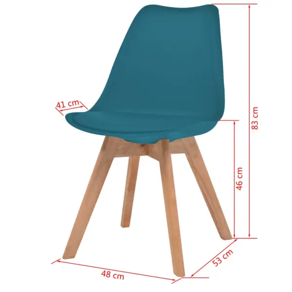 Türkiissinised söögitoolid kunstnahast padjaga, 6 tk, plastist istme ja pöök- ning kautšukipuidust jalgadega, 48 x 53 x 83 cm – 6