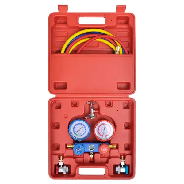 Üheastmeline vaakumpumba ja 2-suunalise kollektoriga manomeetrikomplekt, 250 W, 71 l/min, R134a/R22/R12/R502, kandekohvris – 13