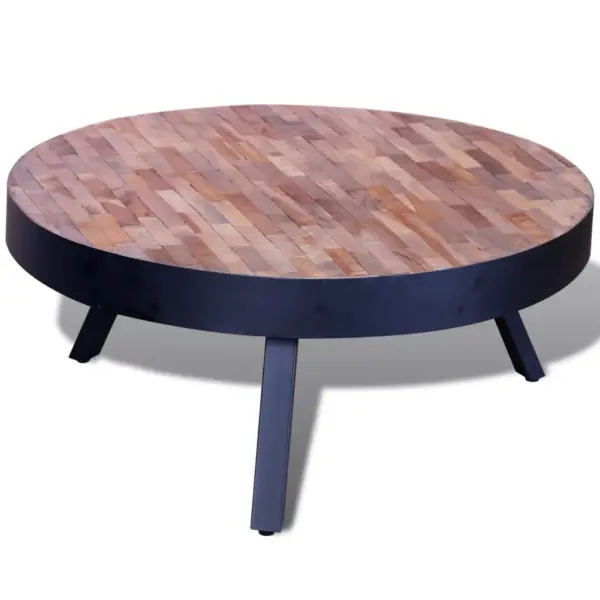 Ümmargune kohvilaud taastatud tiigipuust ja mustade metalljalgadega, 76 x 31 cm – 2