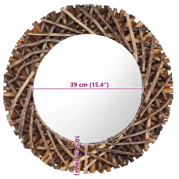 Ümmargune tiigipuust seinapeegel punutud raamiga, 60 cm – 6