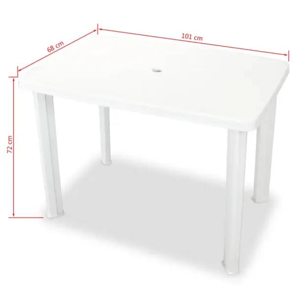 3-osaline aiamööbli bistrookomplekt päevavarju avaga, valge plast, laud 101 x 68 x 72 cm – 10
