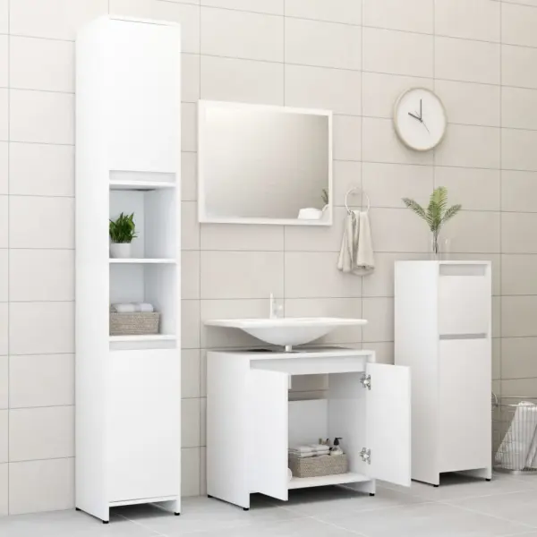 3-osaline vannitoamööbli komplekt peegliga, valge tehispuit – 4