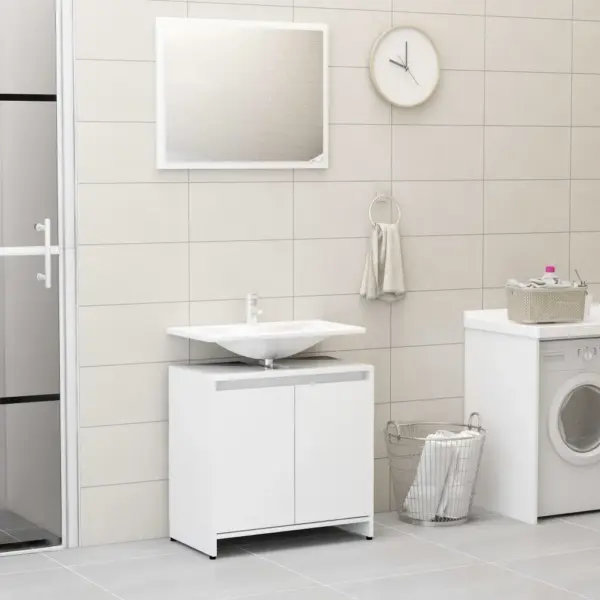 3-osaline vannitoamööbli komplekt peegliga, valge tehispuit – 6