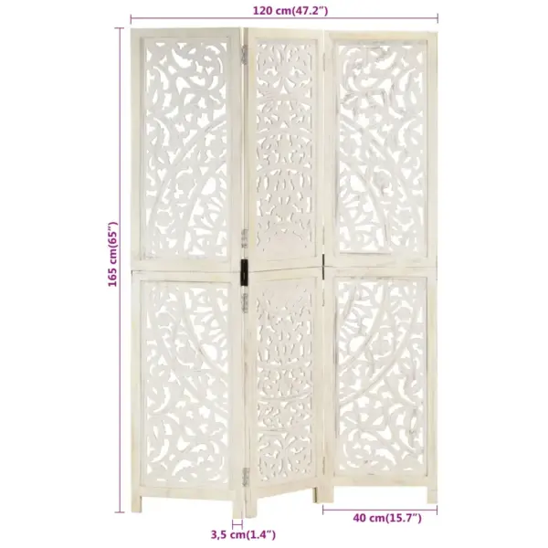 3 paneeliga käsitsi nikerdatud sirm, valge, 120 x 165 cm, MDF ja mangopuit – 7