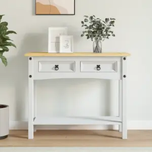 Corona stiilis konsoollaud vahatatud männipuidust, valge kere ja pruun ülaosa, 90 x 34,5 x 73 cm