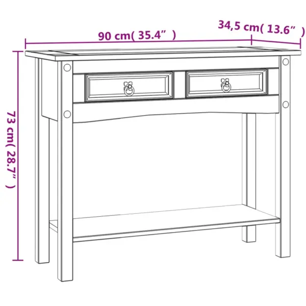 Corona stiilis konsoollaud vahatatud männipuidust, valge kere ja pruun ülaosa, 90 x 34,5 x 73 cm – 9