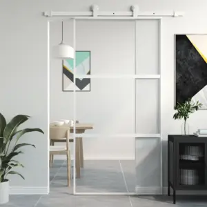 Valge karastatud klaasist liuguks alumiiniumraamiga, 102,5 x 205 cm