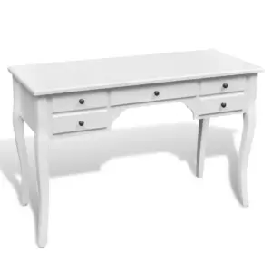 Valge kirjutuslaud kumerate jalgade ja 5 sahtliga, MDF ja männipuit, 110 x 47 x 79 cm