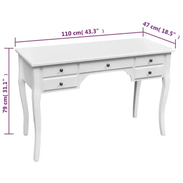 Valge kirjutuslaud kumerate jalgade ja 5 sahtliga, MDF ja männipuit, 110 x 47 x 79 cm – 4