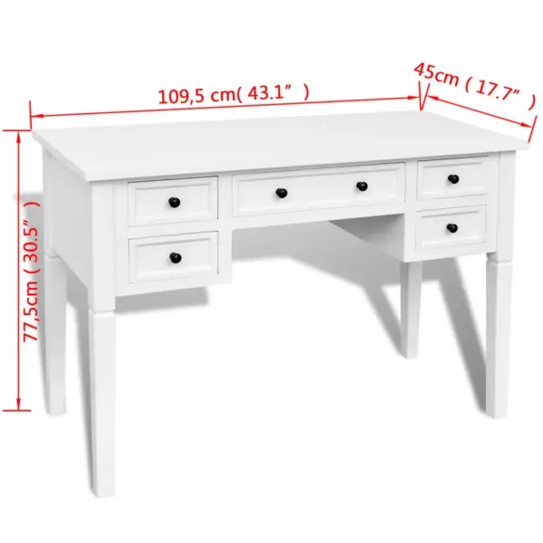 Valge kirjutuslaud 5 sahtliga, MDF ja männipuit, 109,5 x 45 x 77,5 cm – 6