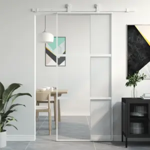 Valge karastatud klaasist liuguks alumiiniumraamiga, 90 x 205 cm