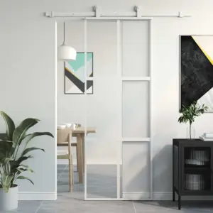 Valge karastatud klaasist ja alumiiniumraamiga lükanduks, 76 x 205 cm, vertikaalse dekoratiivjoonega