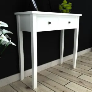 Valge konsoollaud kahe sahtliga, MDF ja männipuit, 79 x 30 x 74 cm