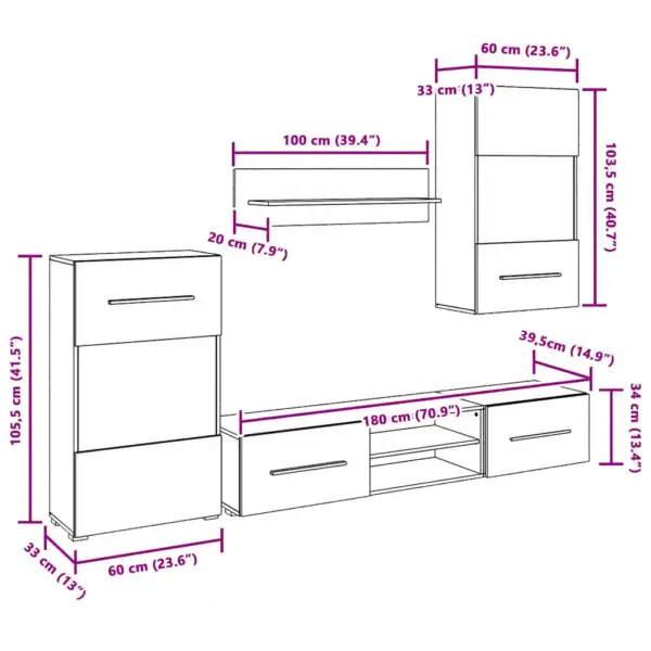 Valge LED-valgustusega sektsioonkapp, 5-osaline tehispuidust, 240 x 40 x 195 cm – 13