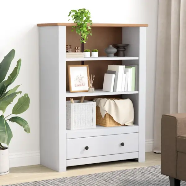 Valge ja naturaalse puidutooniga männipuidust raamatukapp 3 riiuli ja sahtliga, 80 x 35 x 110 cm, Panama sari – 3