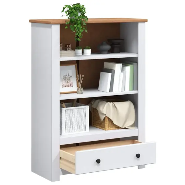 Valge ja naturaalse puidutooniga männipuidust raamatukapp 3 riiuli ja sahtliga, 80 x 35 x 110 cm, Panama sari – 4