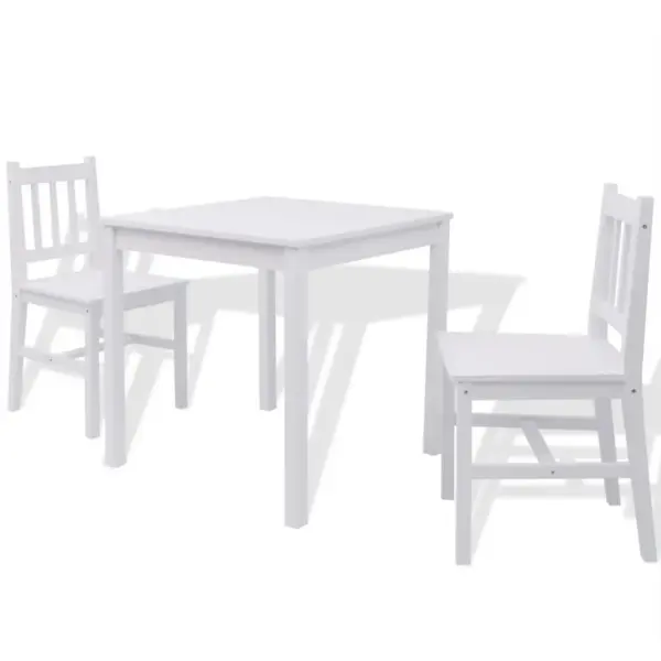 Kolmeosaline valge männipuidust söögitoakomplekt, laud 70 x 70 cm ja 2 tooli – 2