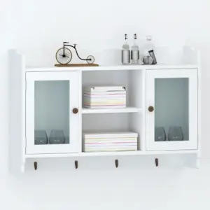 Valge MDF seinavitriinkapp klaasuste ja konksudega, 68 x 17 x 44 cm