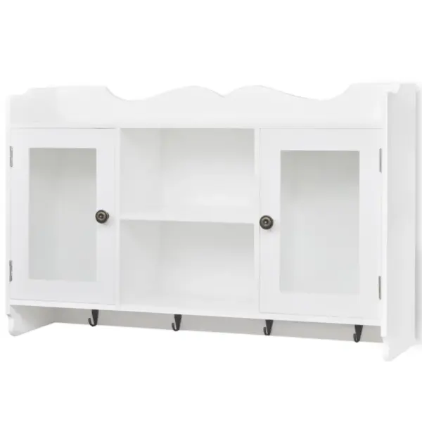 Valge MDF seinavitriinkapp klaasuste ja konksudega, 68 x 17 x 44 cm - 2
